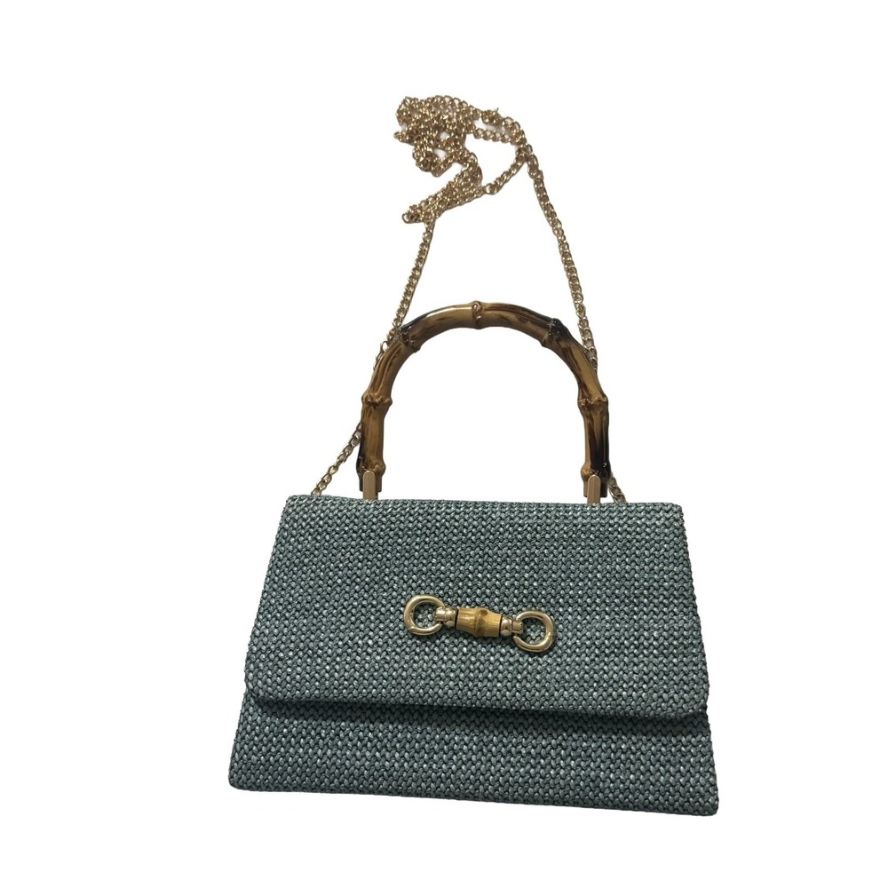 Savanna Blue Woven Purse with Bamboo Handle and Gold Tone Chain Strap NWT
